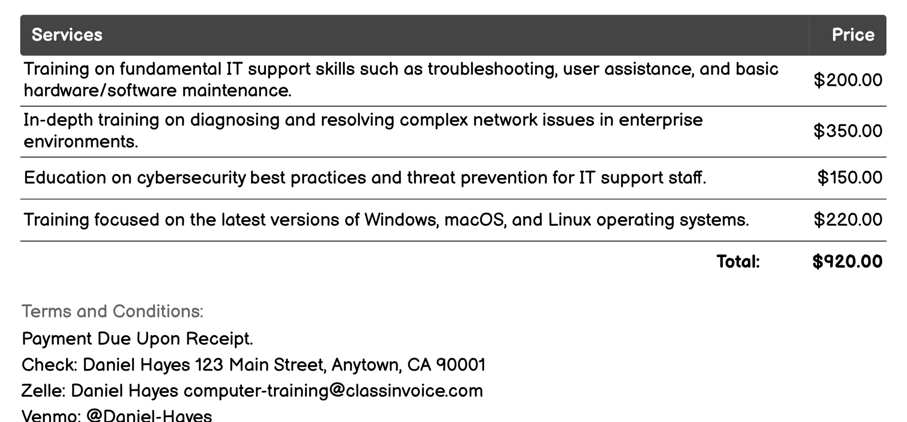 IT Support Training Invoice Example