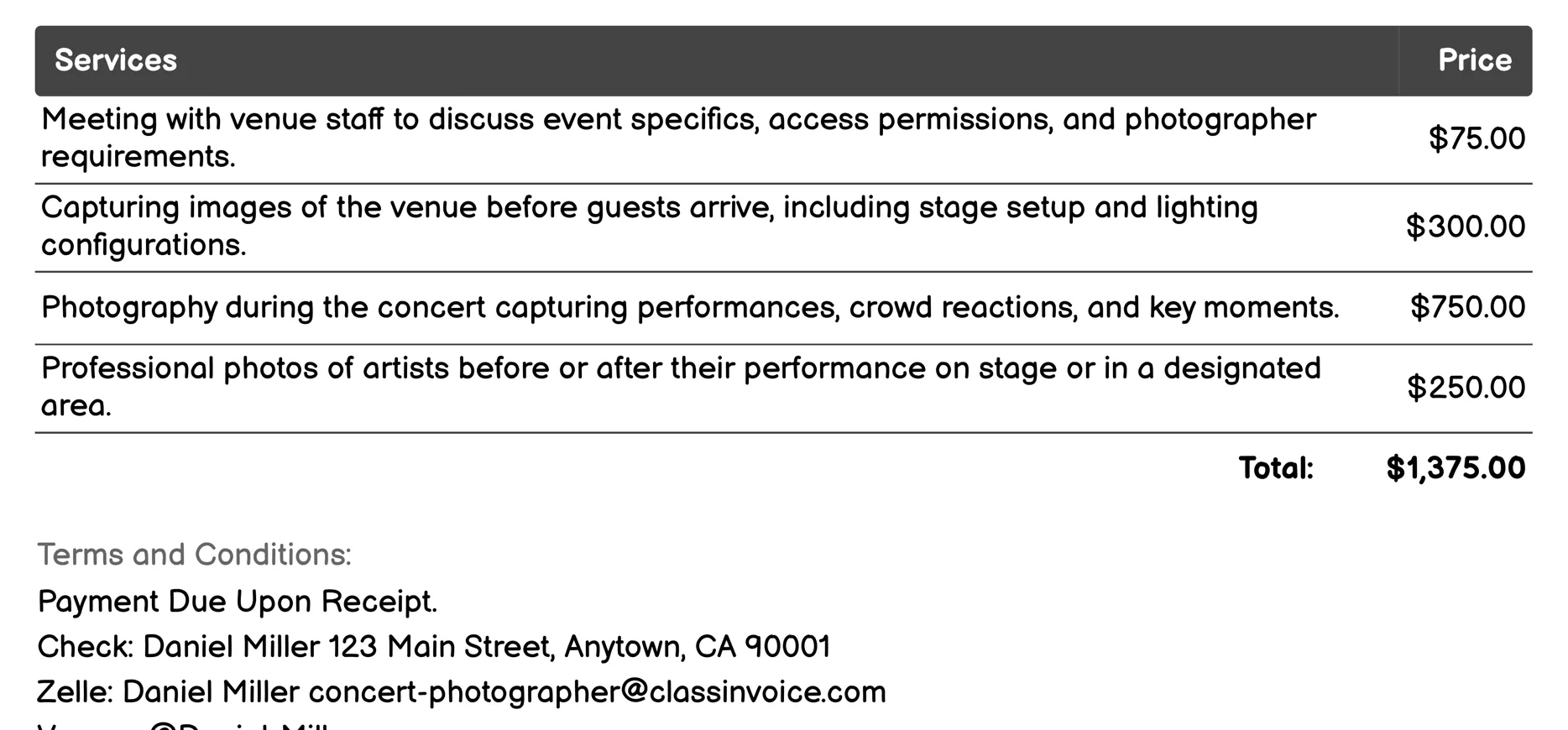 Venue Photography Invoice Example