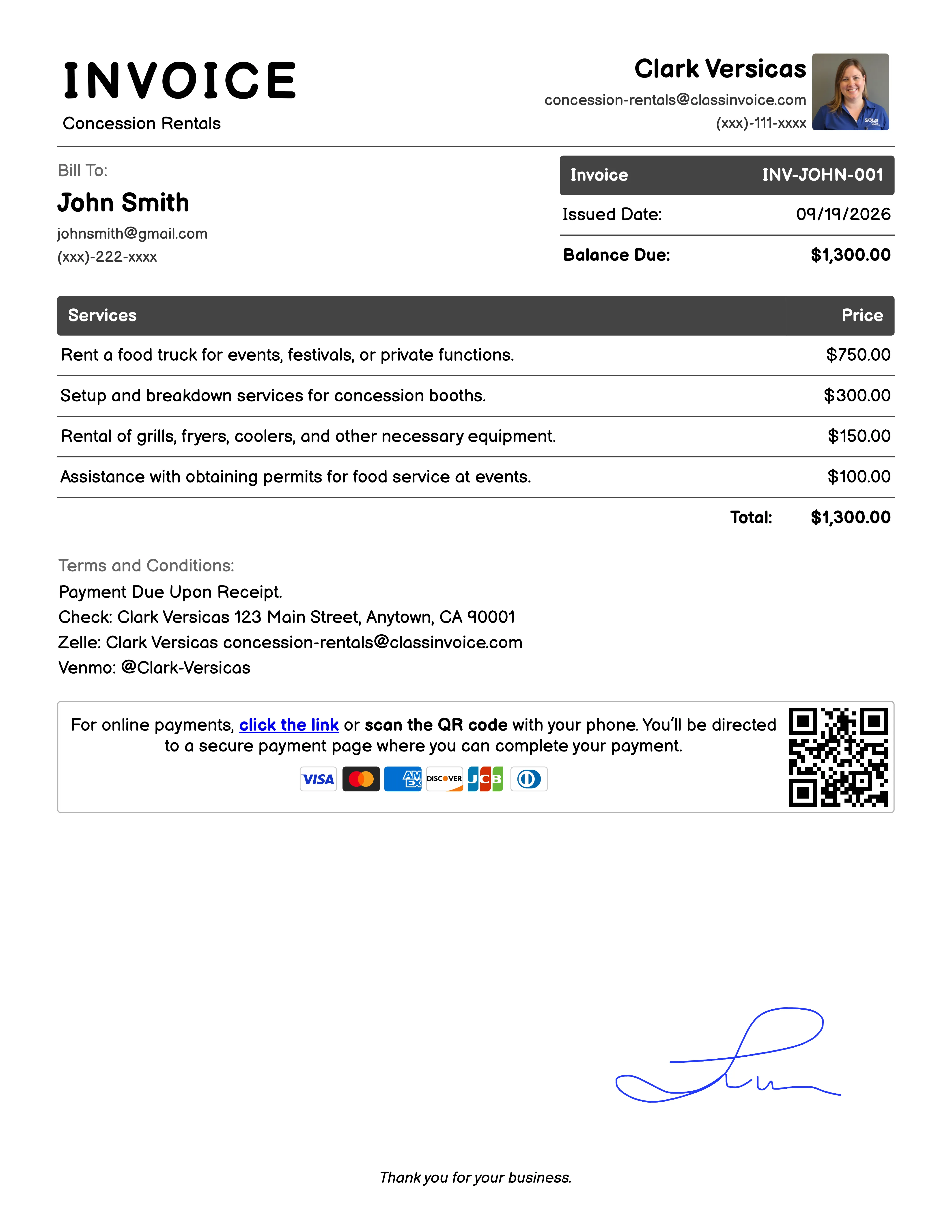 Concession Rentals Invoice Example