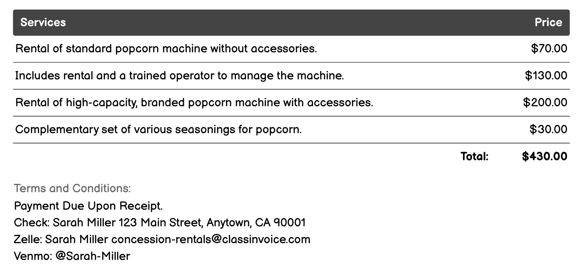 Popcorn Machines Invoice Example