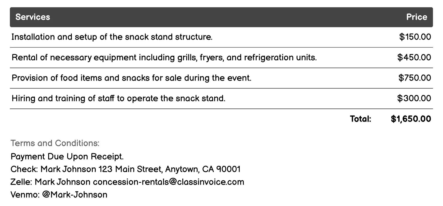 Snack Stands Invoice Example