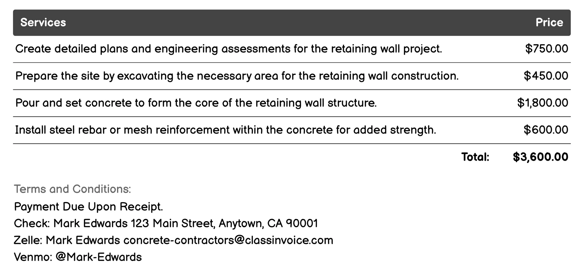 Retaining Walls Invoice Example