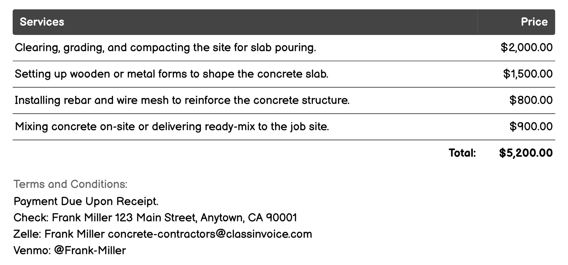 Slab Pouring Invoice Example
