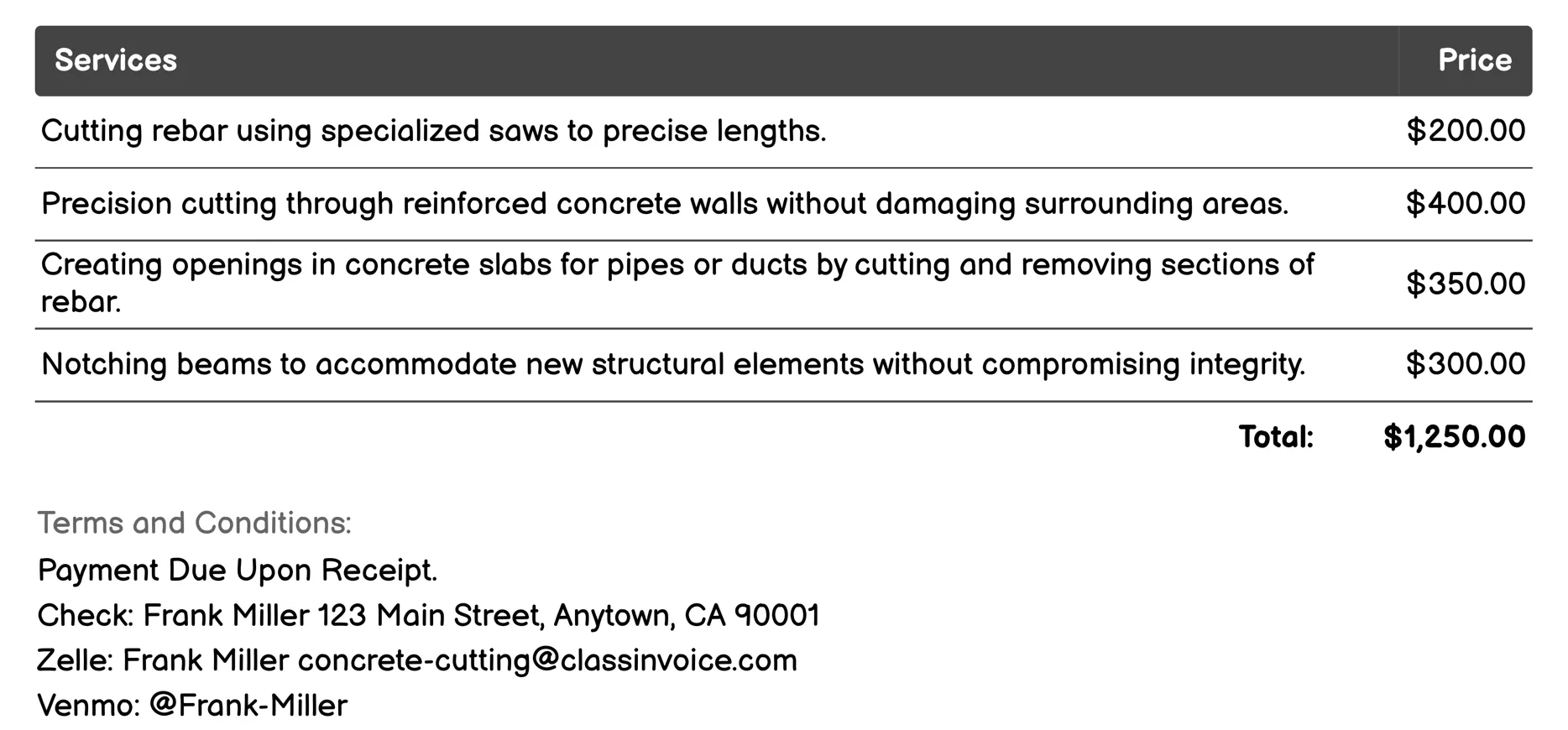 Rebar Cutting Invoice Example