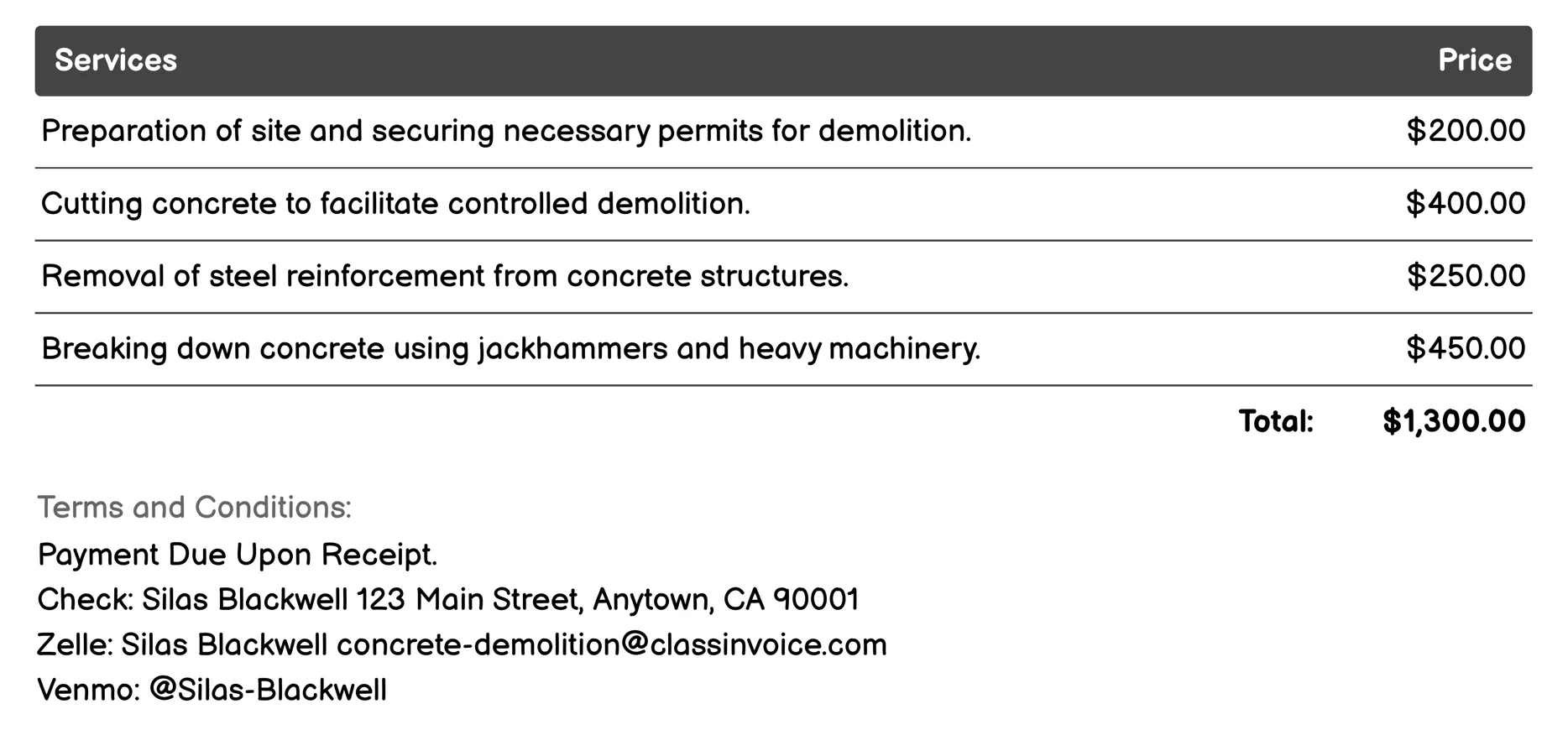 Full-Scale Demolition Invoice Example