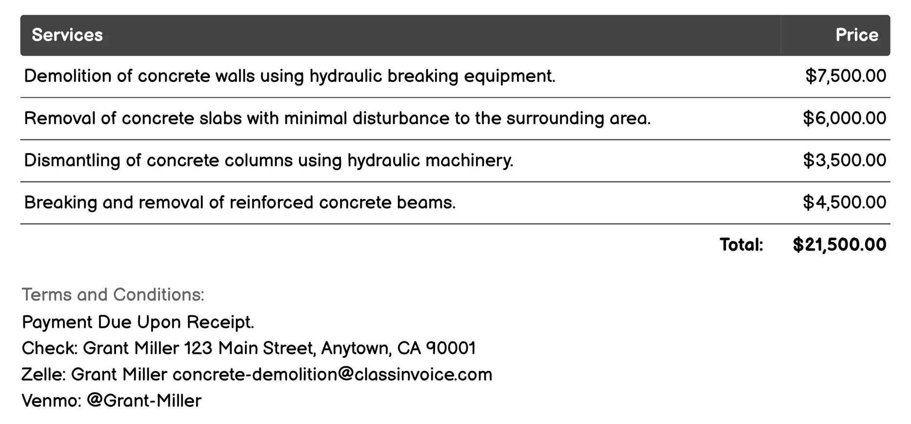 Hydraulic Concrete Breaking Invoice Example