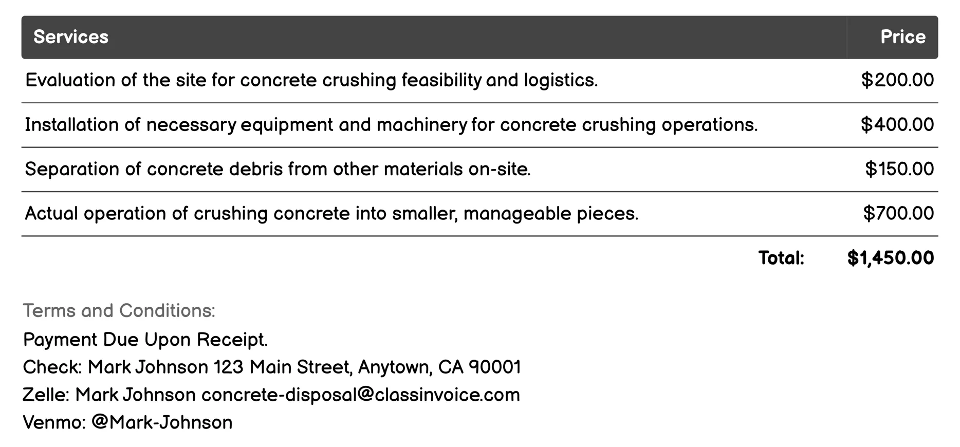 Concrete Crushing Invoice Example
