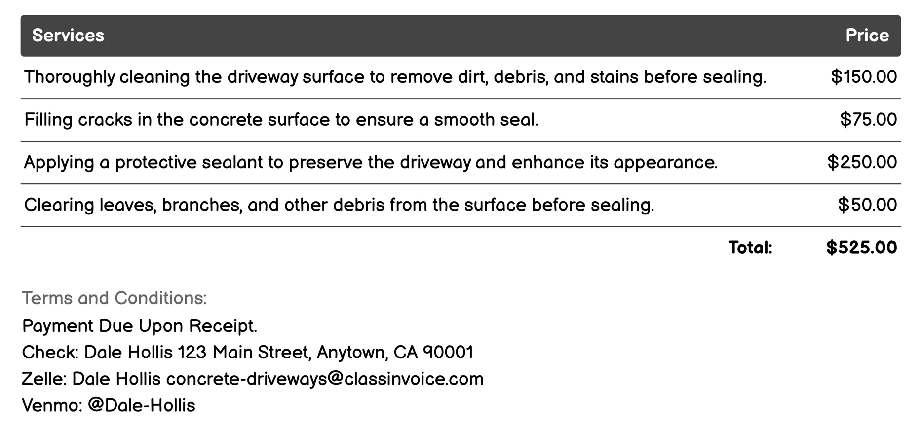 Sealing Invoice Example