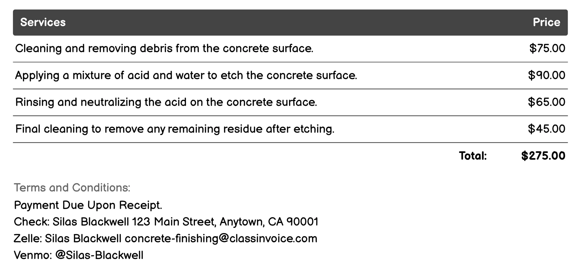 Acid Etching Invoice Example