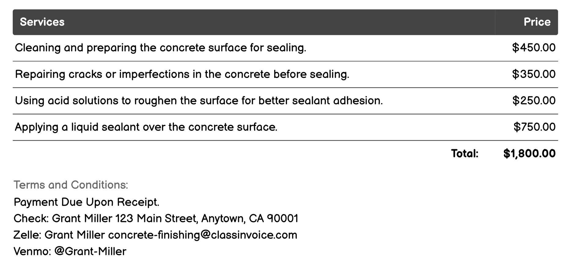 Sealing Concrete Invoice Example