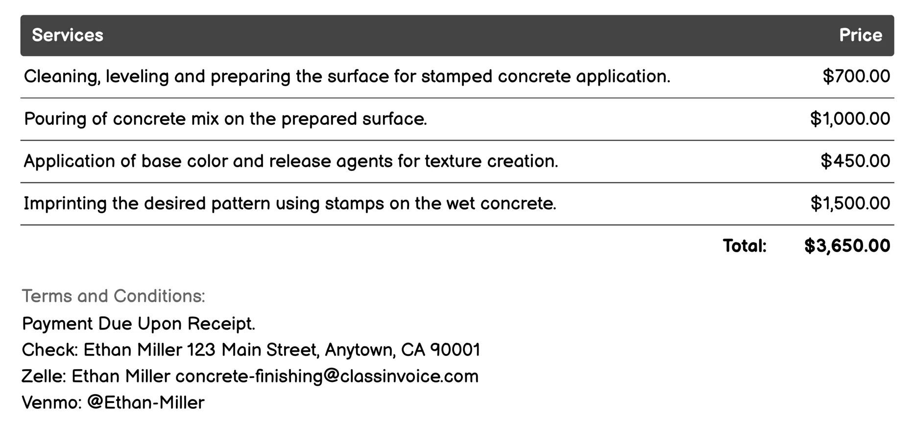 Stamped Concrete Invoice Example