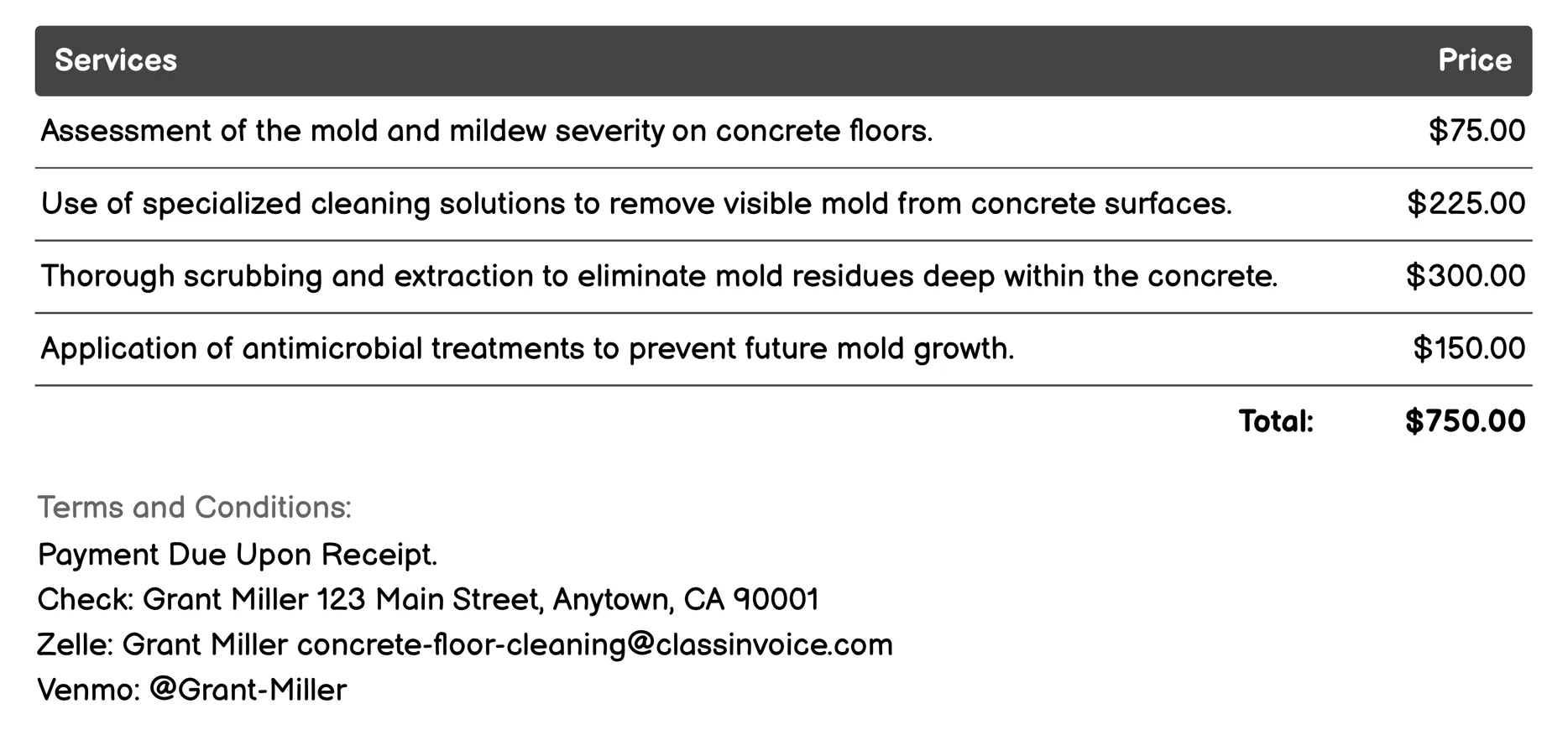 Mold and Mildew Cleaning Invoice Example