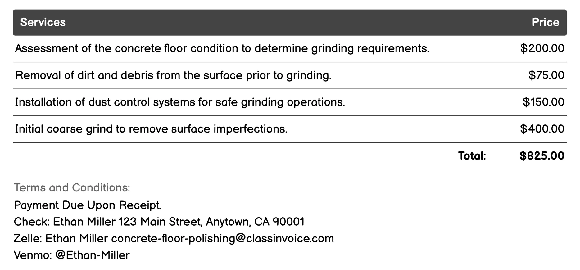 Basic Grinding Invoice Example
