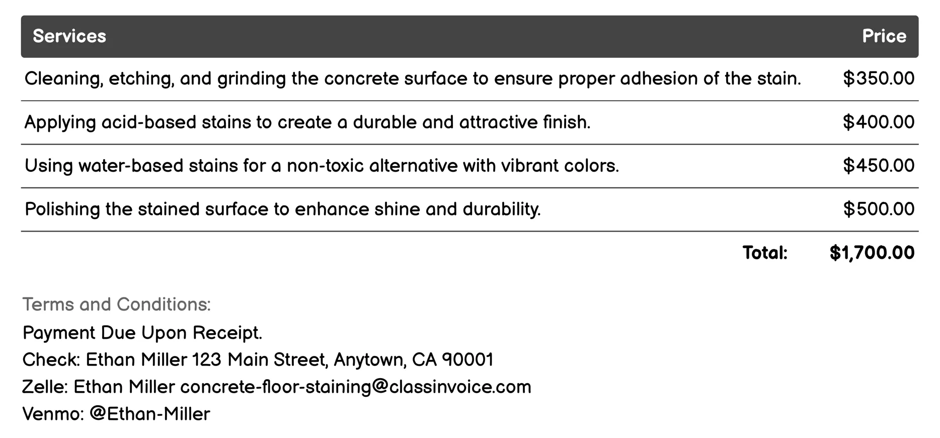 Interior Concrete Floor Staining Invoice Example