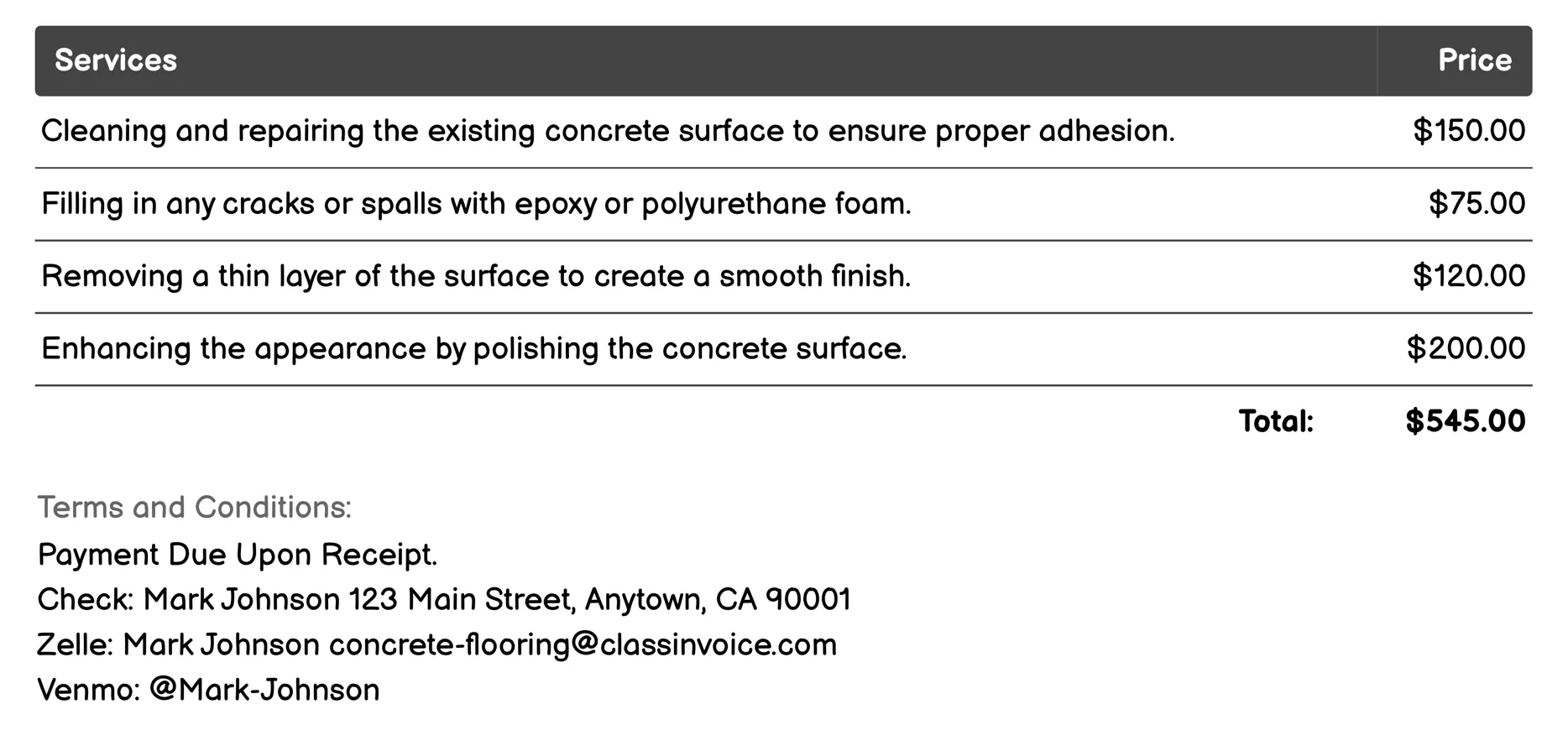 Concrete Resurfacing Invoice Example