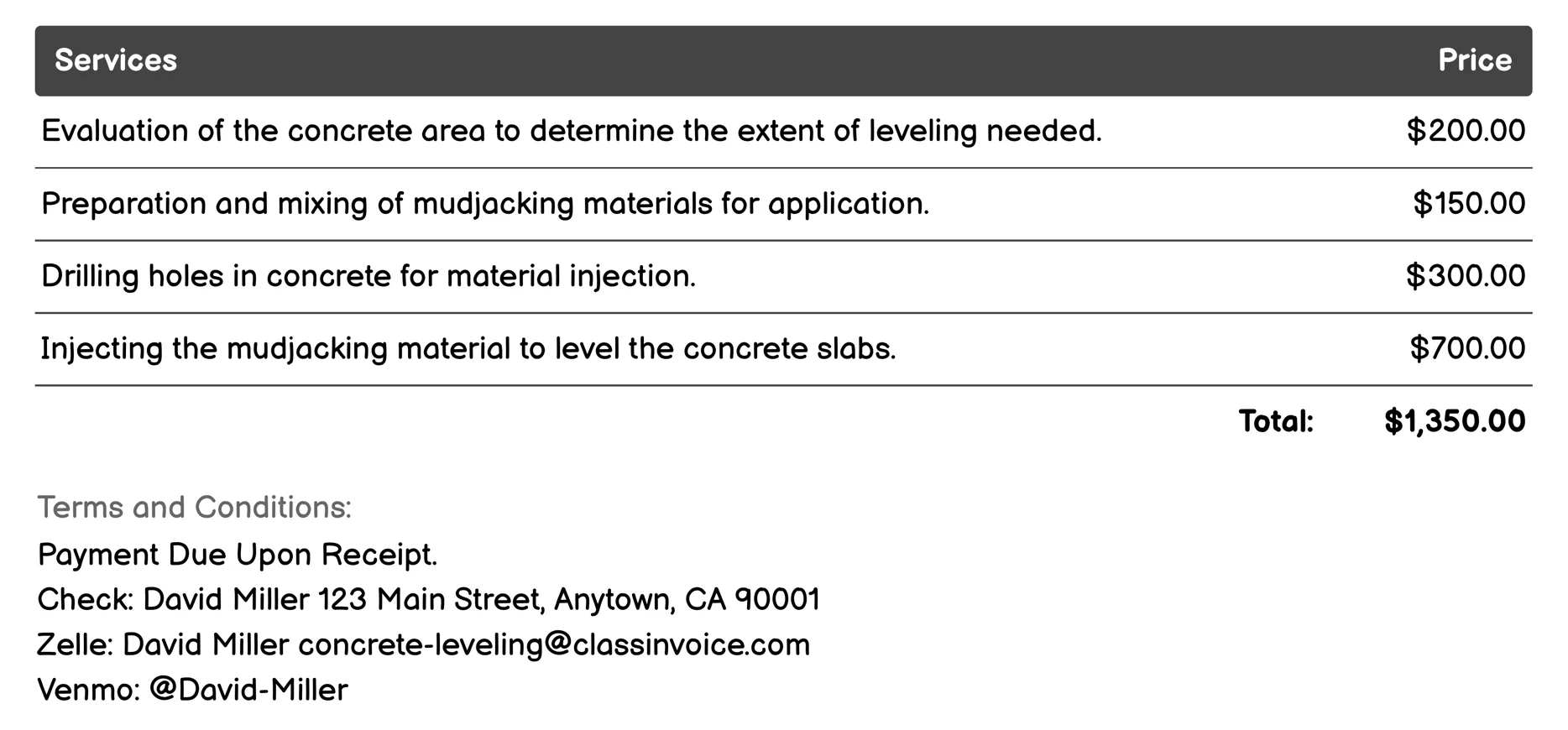 Mudjacking Invoice Example