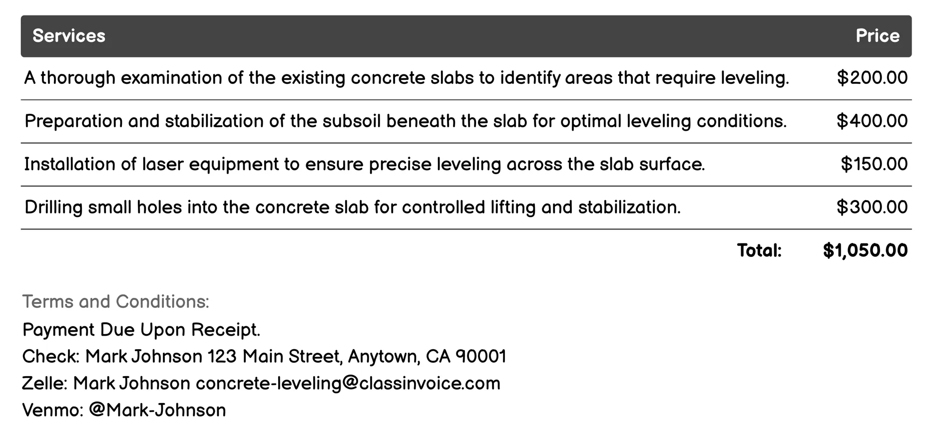 Slab Raising and Leveling Invoice Example