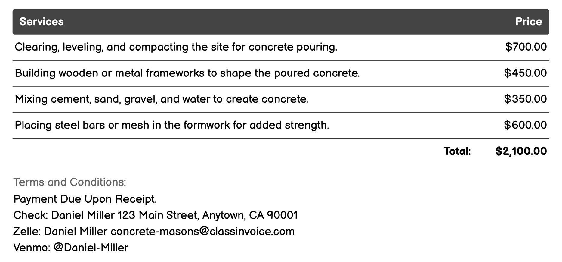 Pouring Concrete Invoice Example