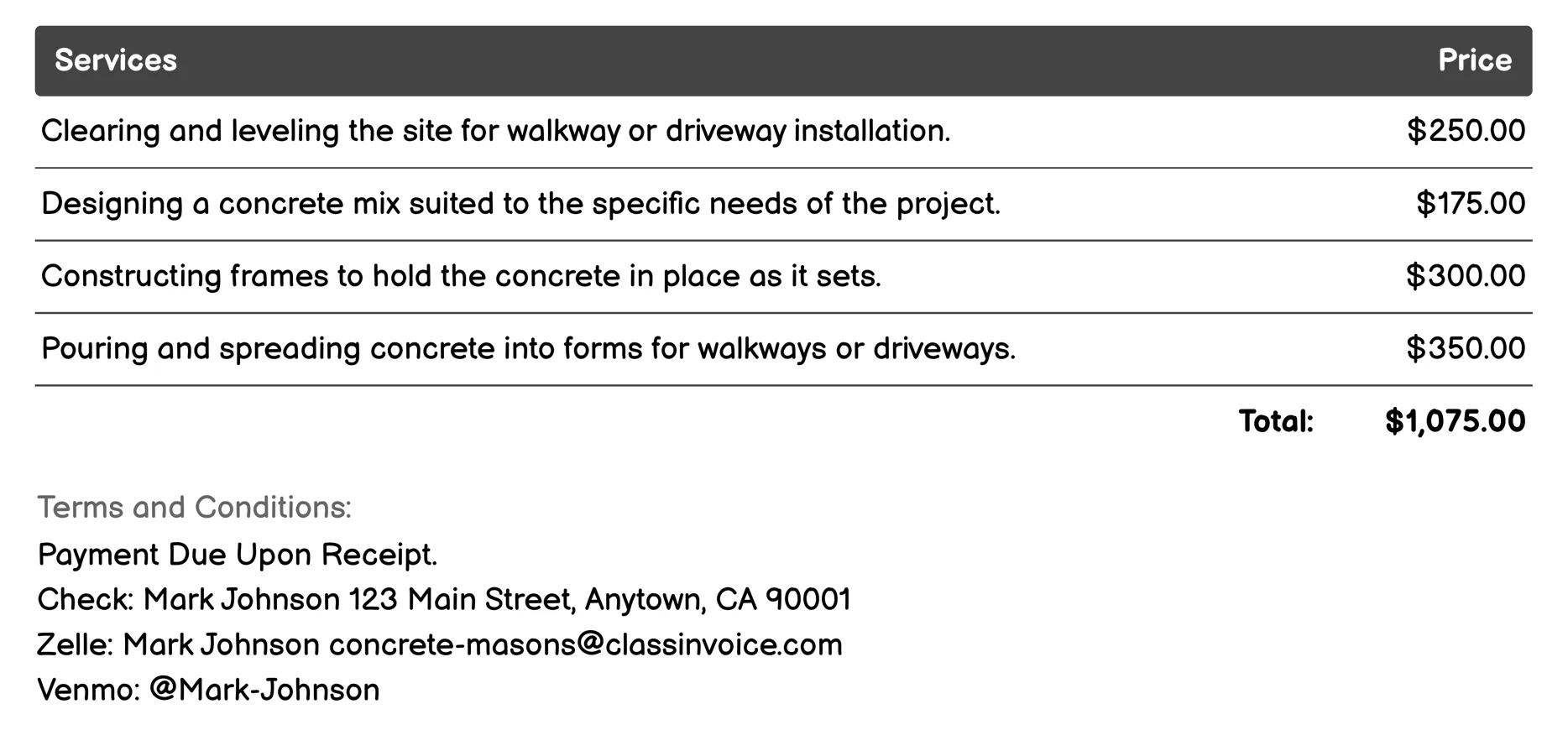 Walkway and Driveway Installation Invoice Example
