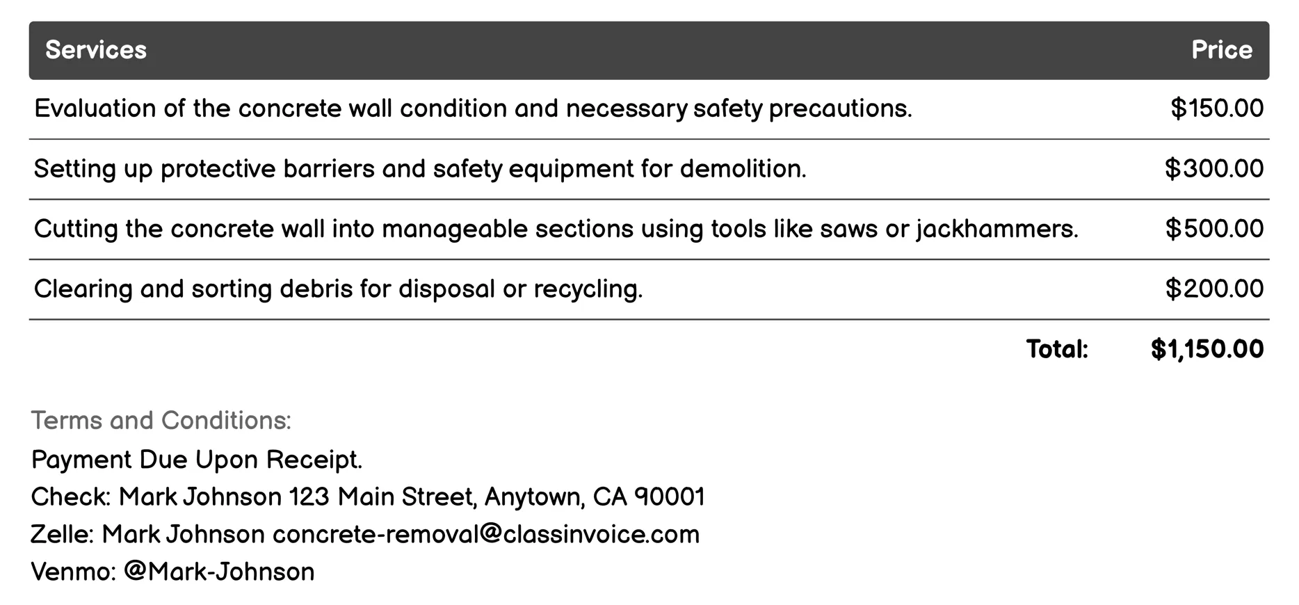 Concrete Wall Demolition Invoice Example