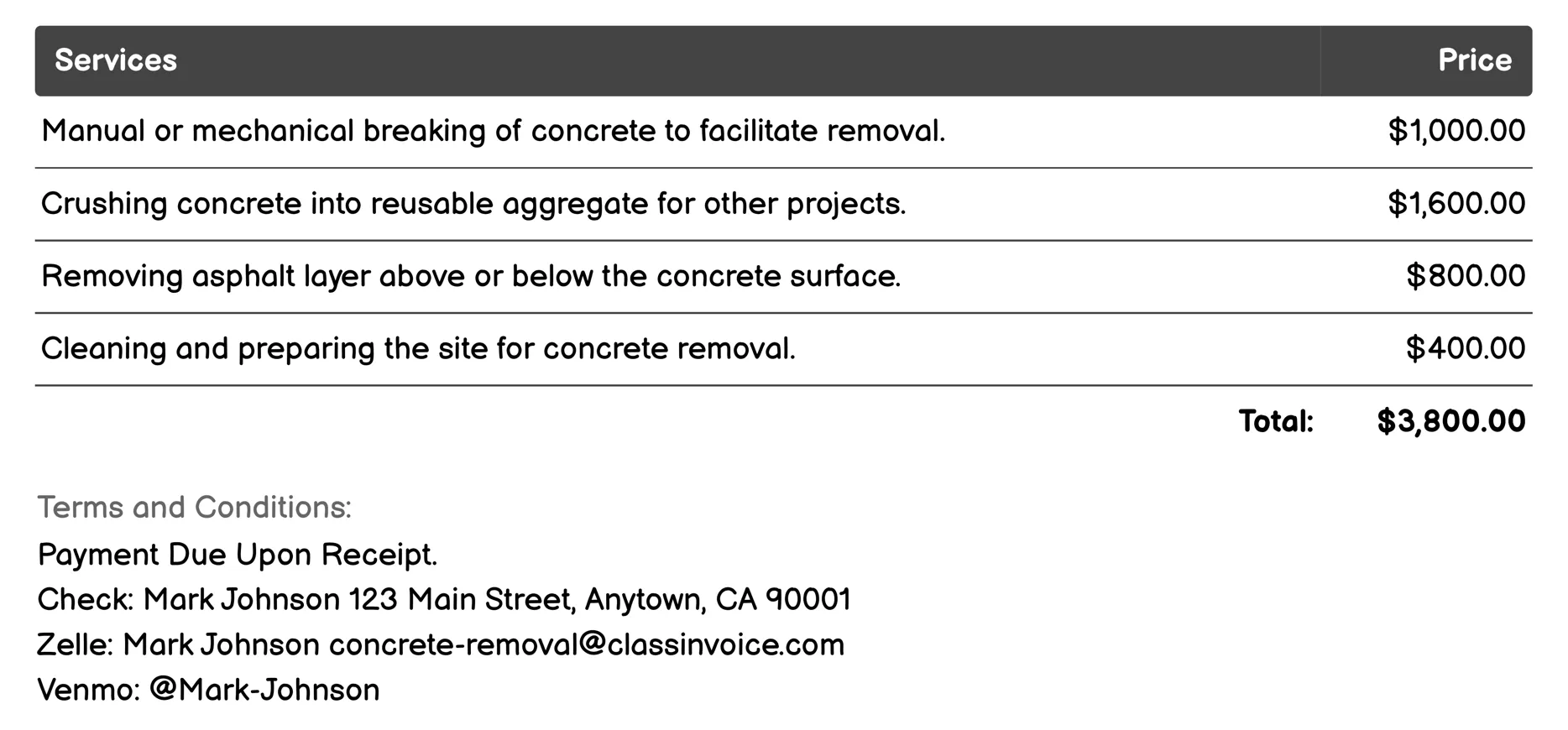 Parking Lot Demolition Invoice Example