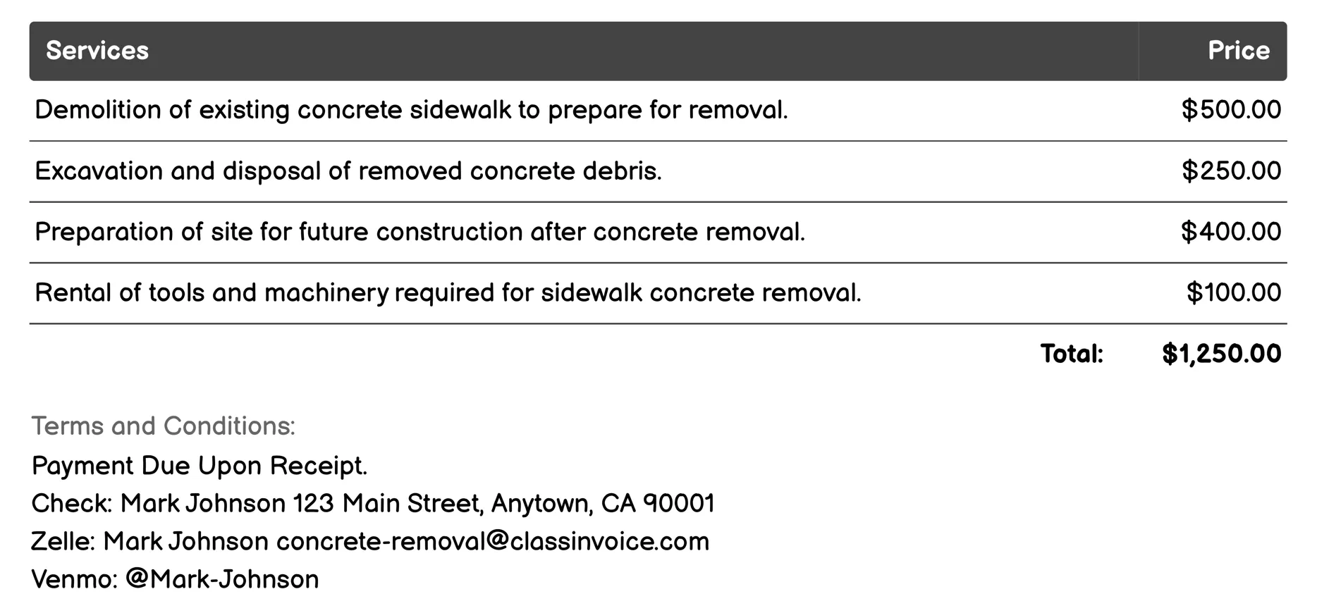 Sidewalk Concrete Removal Invoice Example