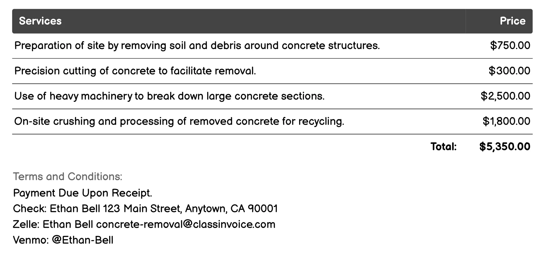 Structural Concrete Deconstruction Invoice Example