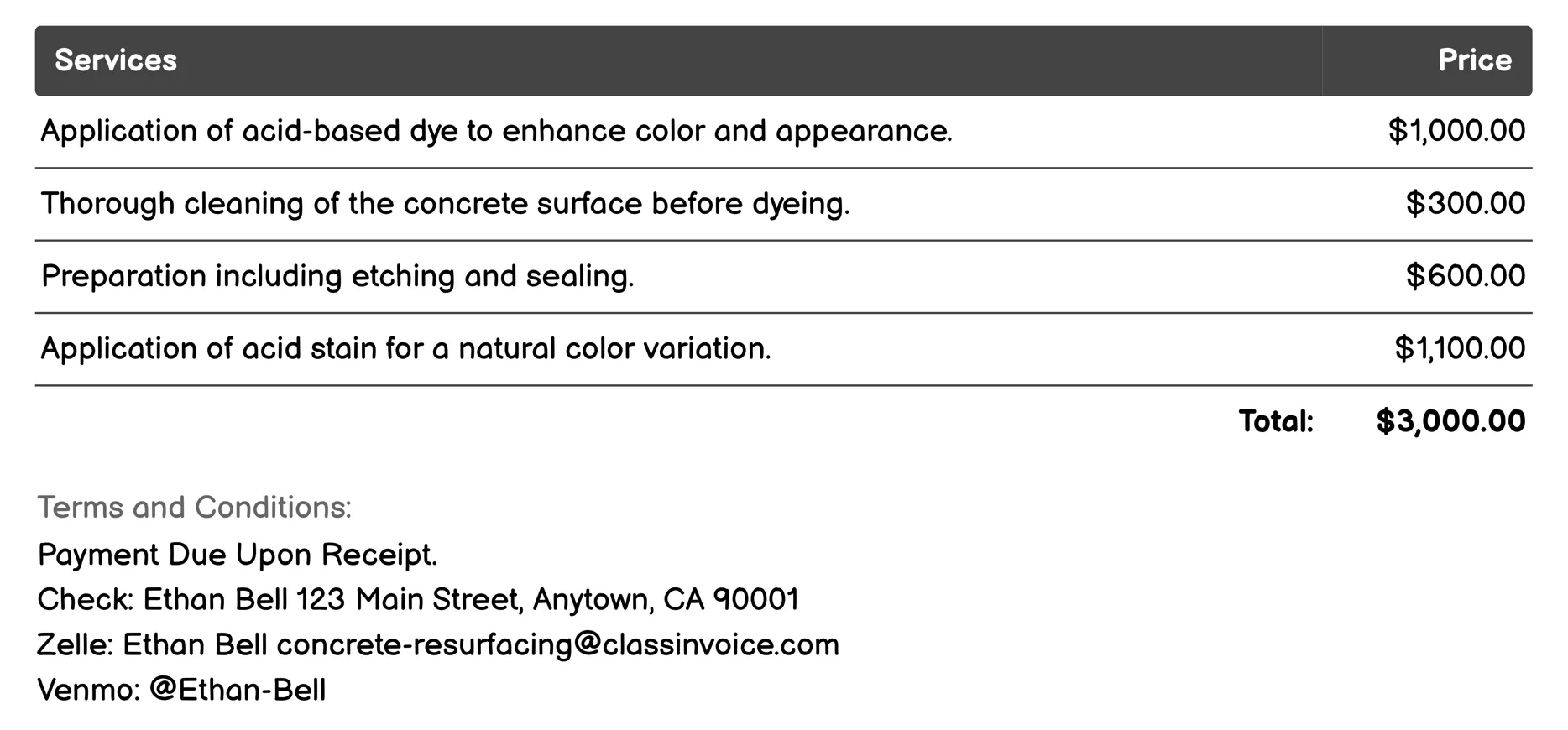 Dyeing Invoice Example