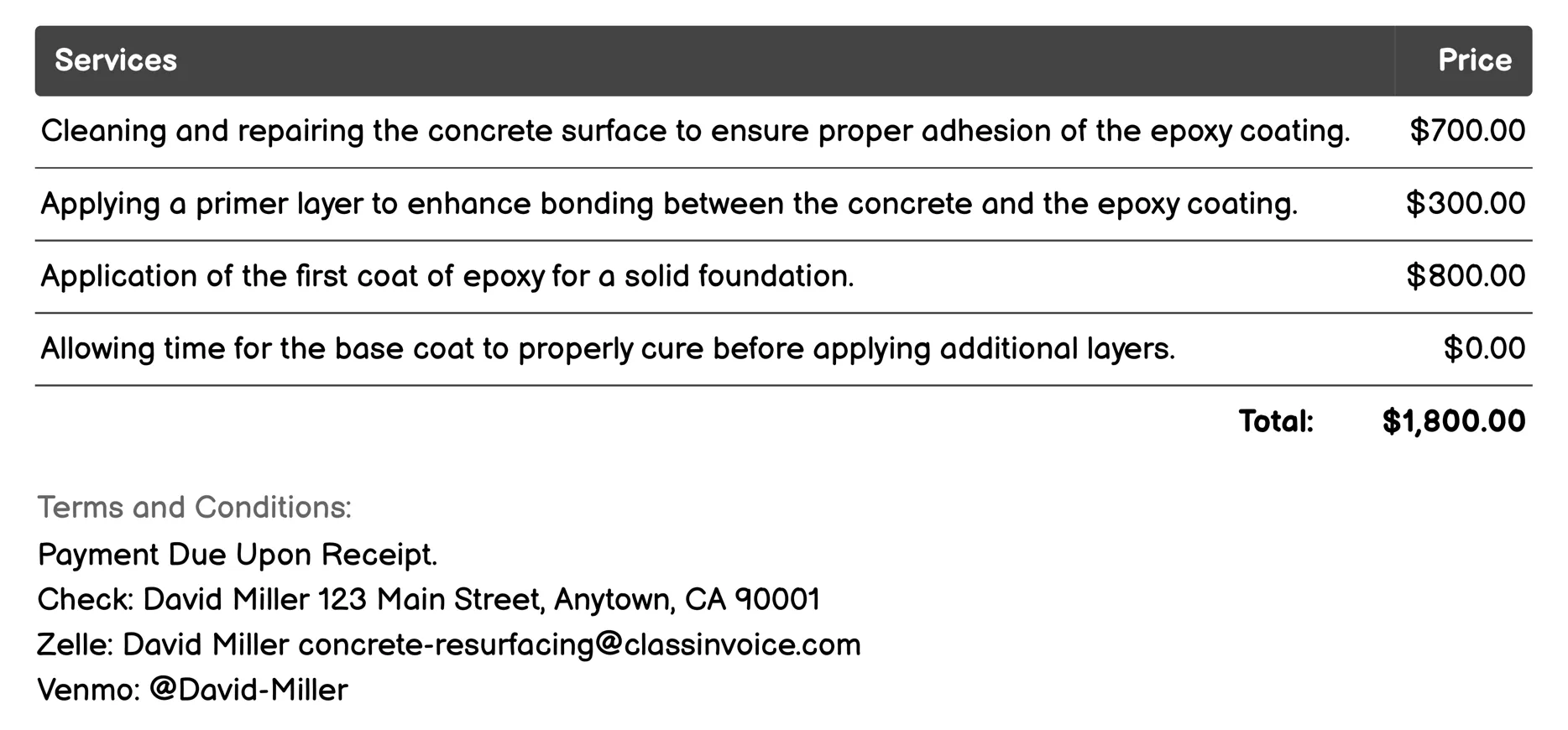 Epoxy Coating Invoice Example
