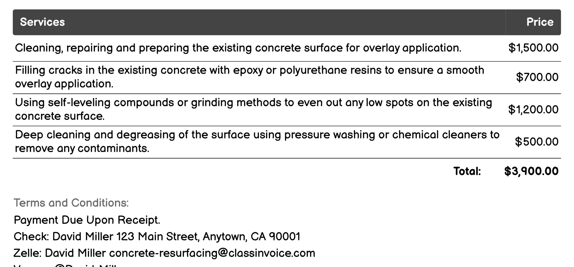 Overlay Resurfacing Invoice Example