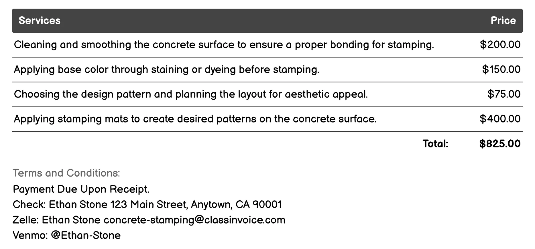 Exterior Pathway Design Invoice Example