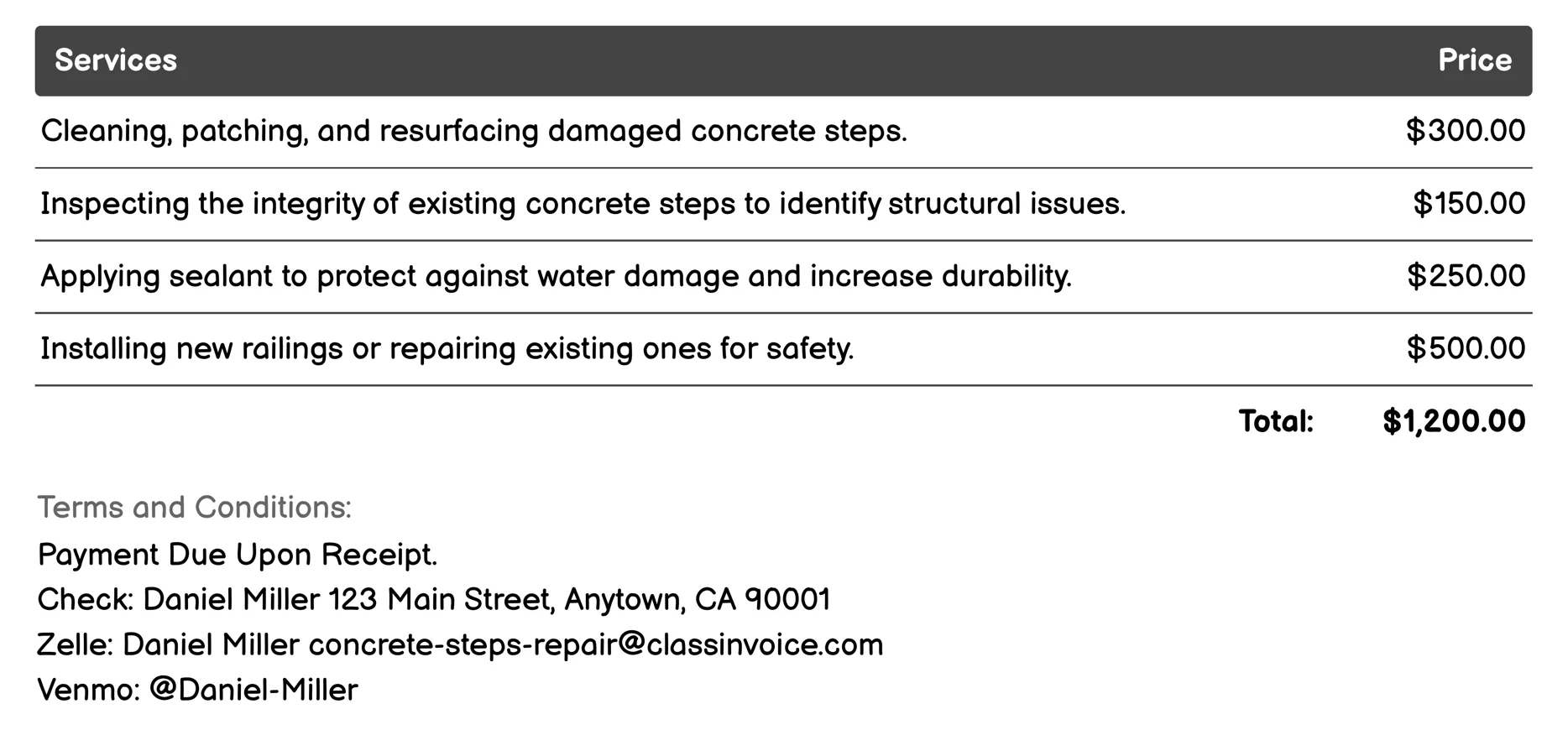 Stair Railing Repair Invoice Example