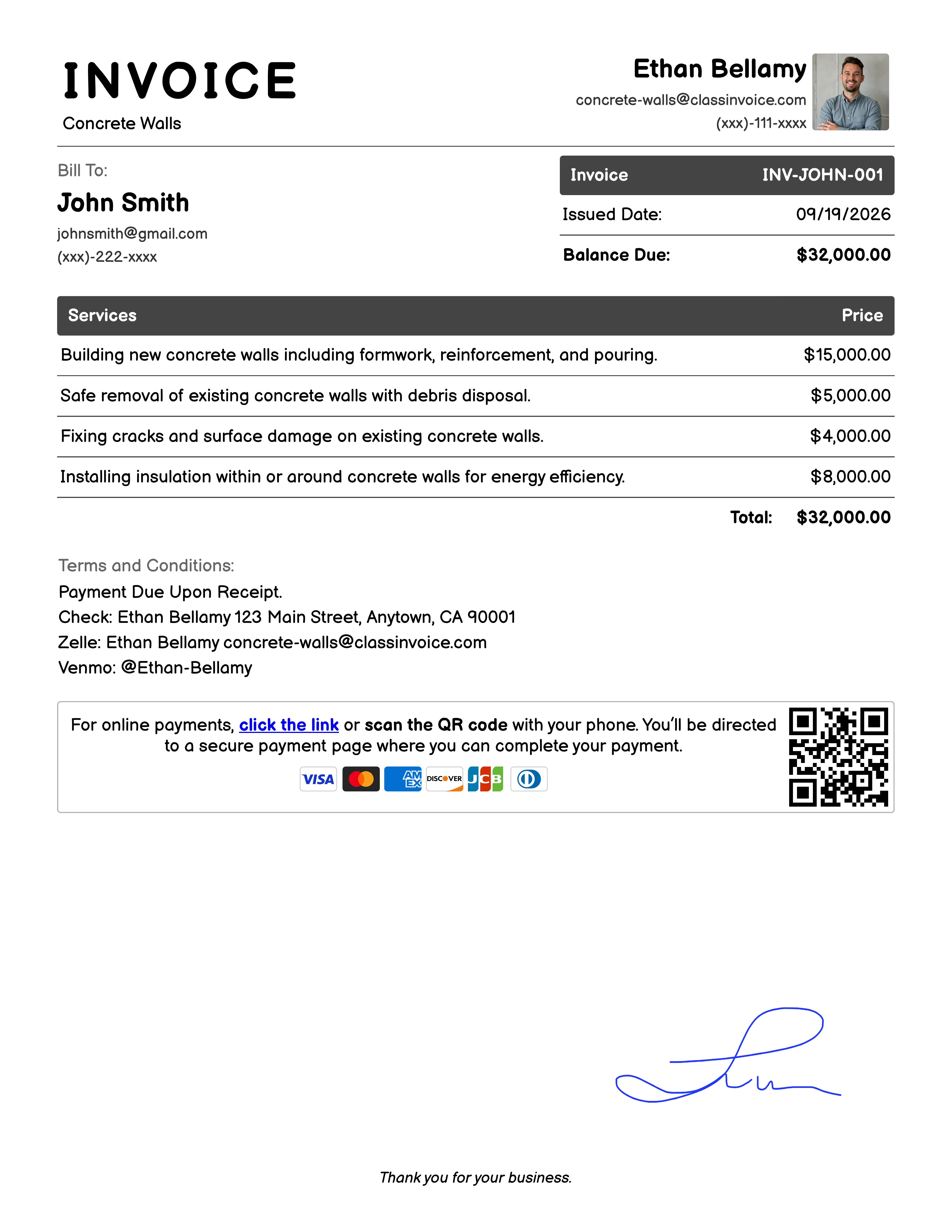 Concrete Walls Invoice Example