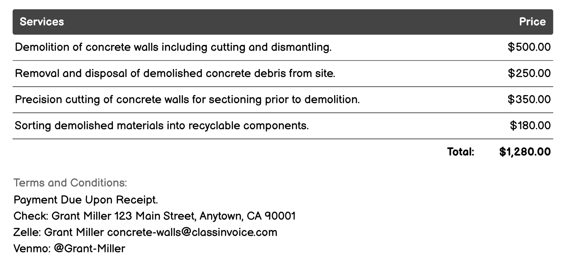 Removal and Demolition Invoice Example