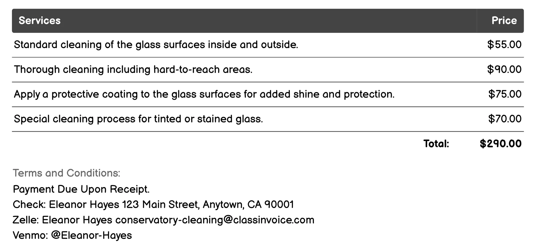 Glass Cleaning Invoice Example