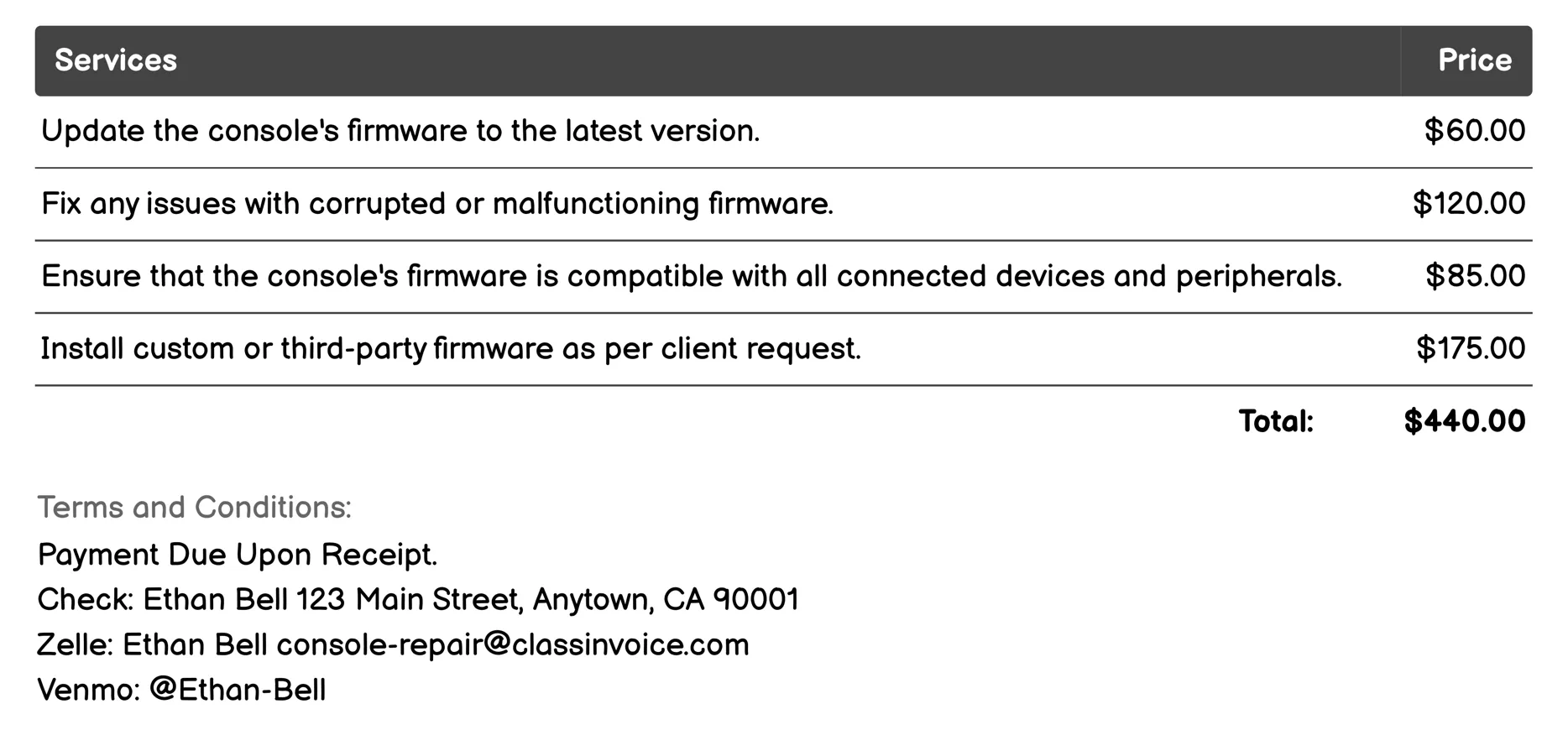 Firmware Updates and Repairs Invoice Example