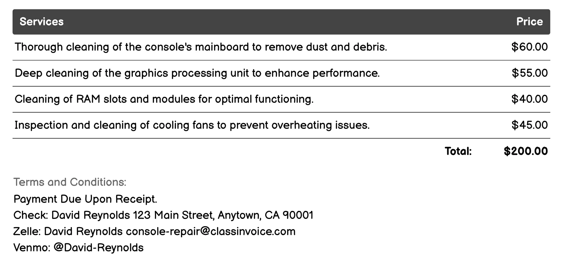 Internal Component Cleaning Invoice Example