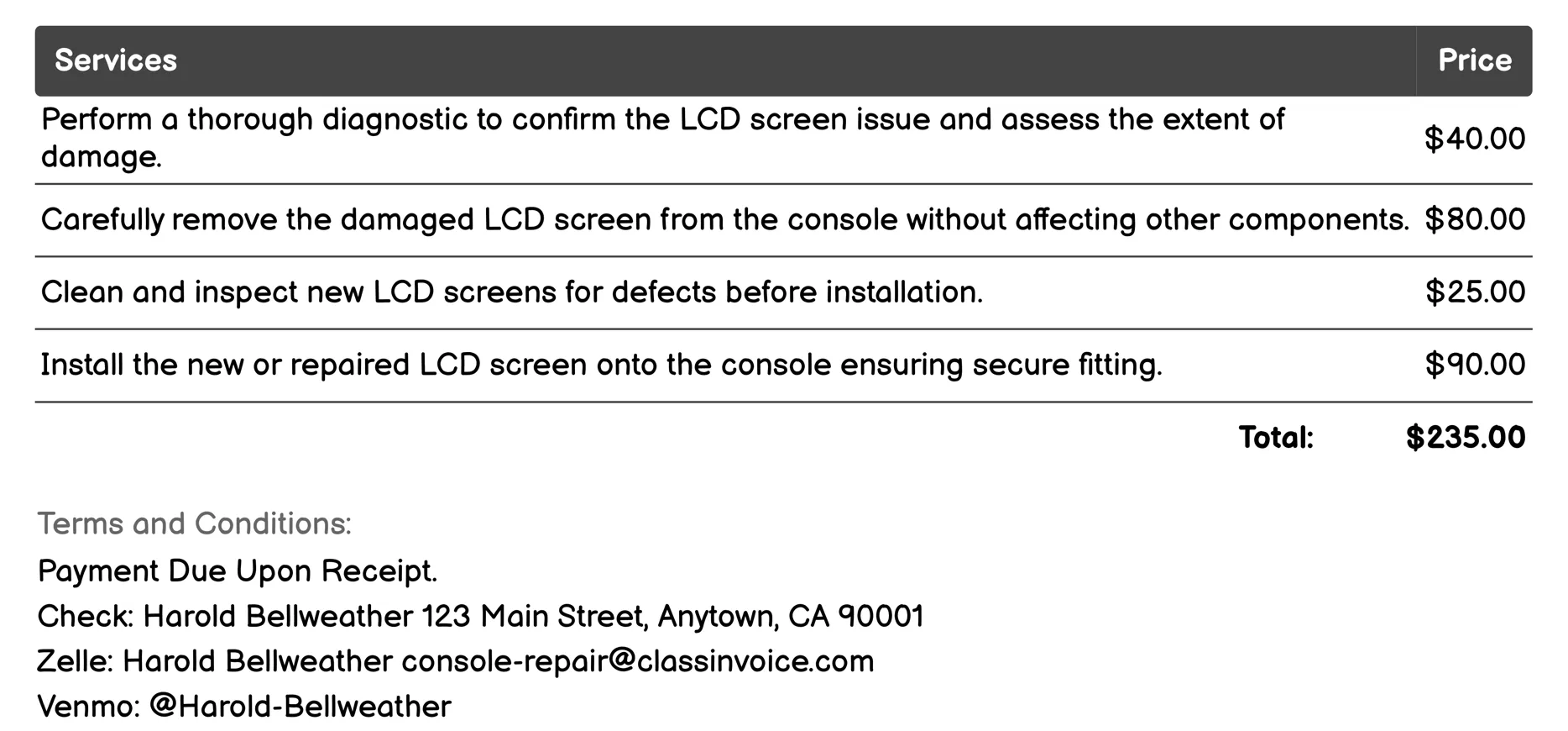 LCD Screen Replacement Invoice Example