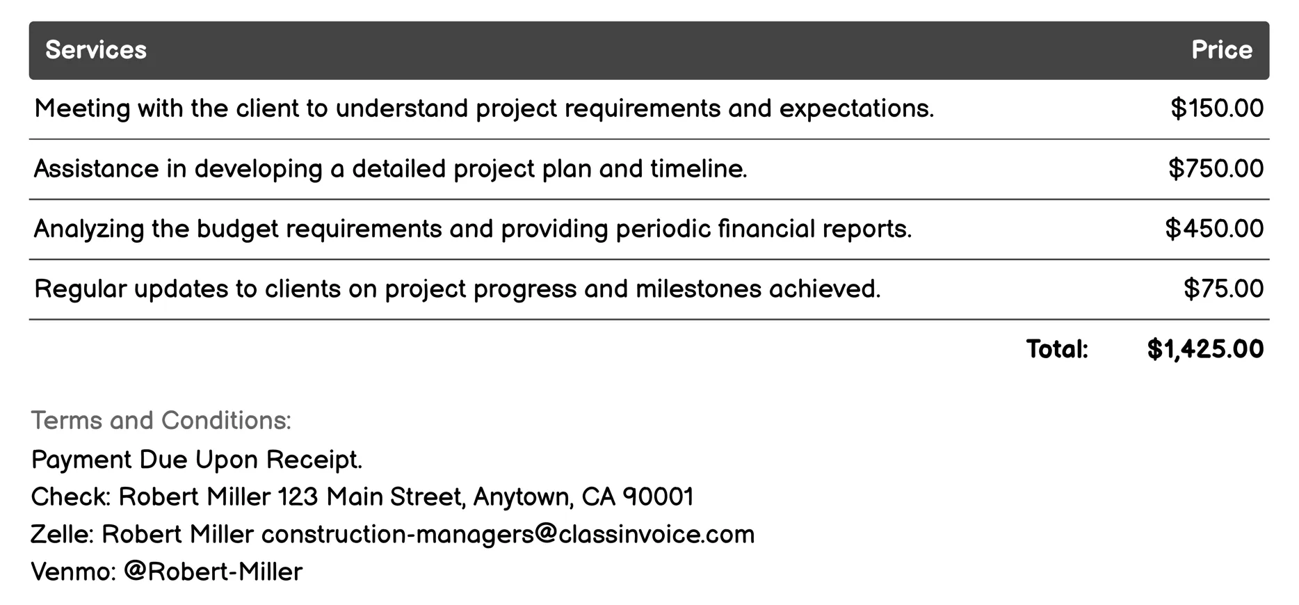 Client Liaison Invoice Example