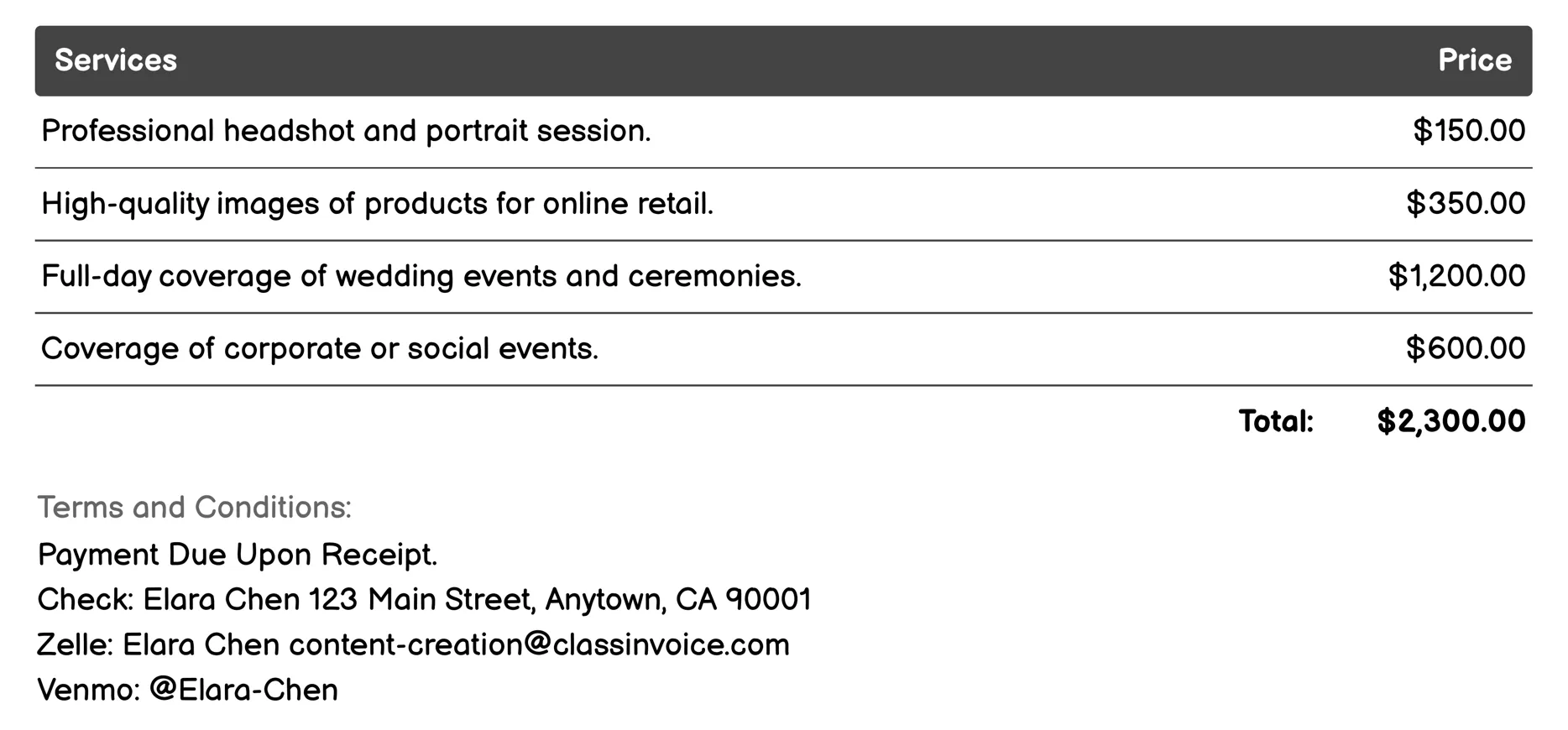 Photography Services Invoice Example