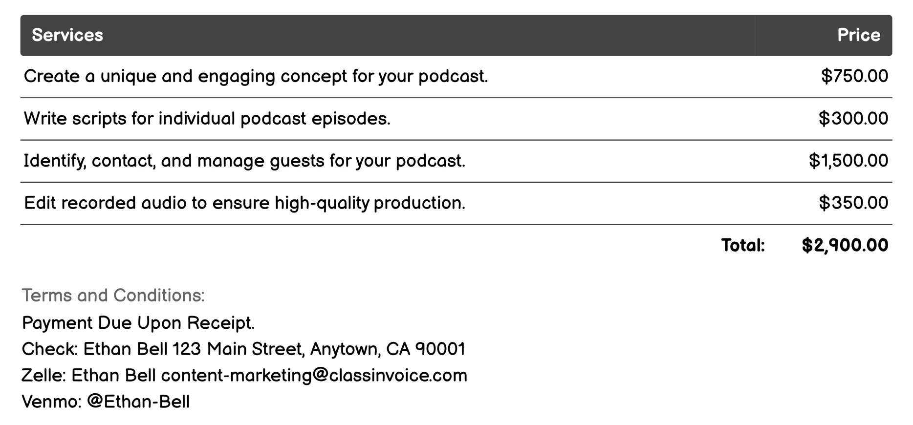 Podcasting Invoice Example