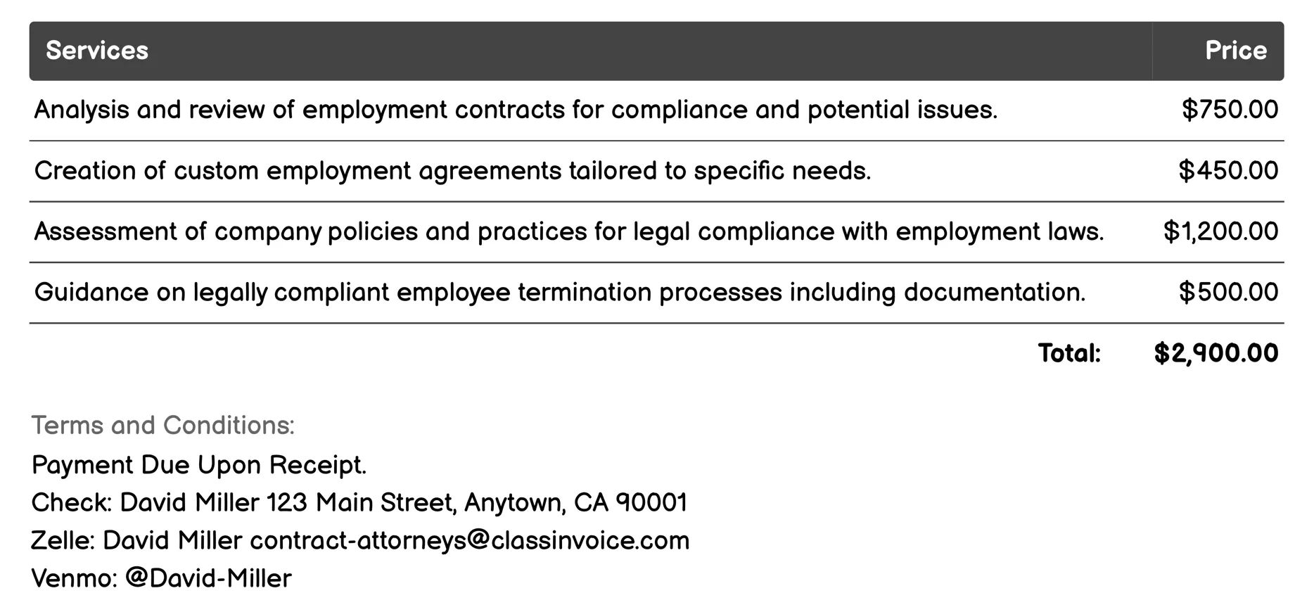 Employment Law Invoice Example