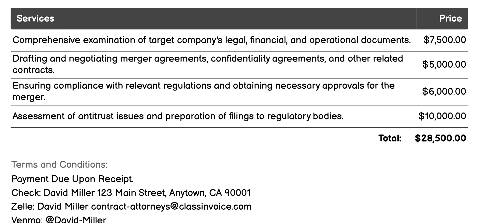 Mergers and Acquisitions (M&A) Invoice Example