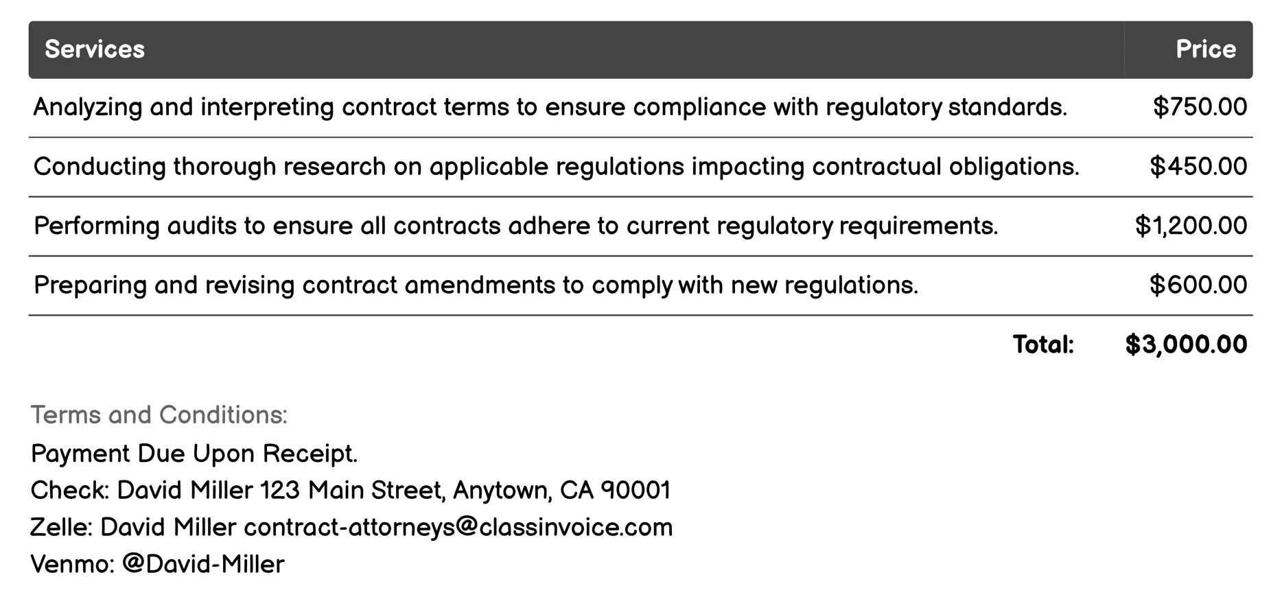 Regulatory Compliance Invoice Example