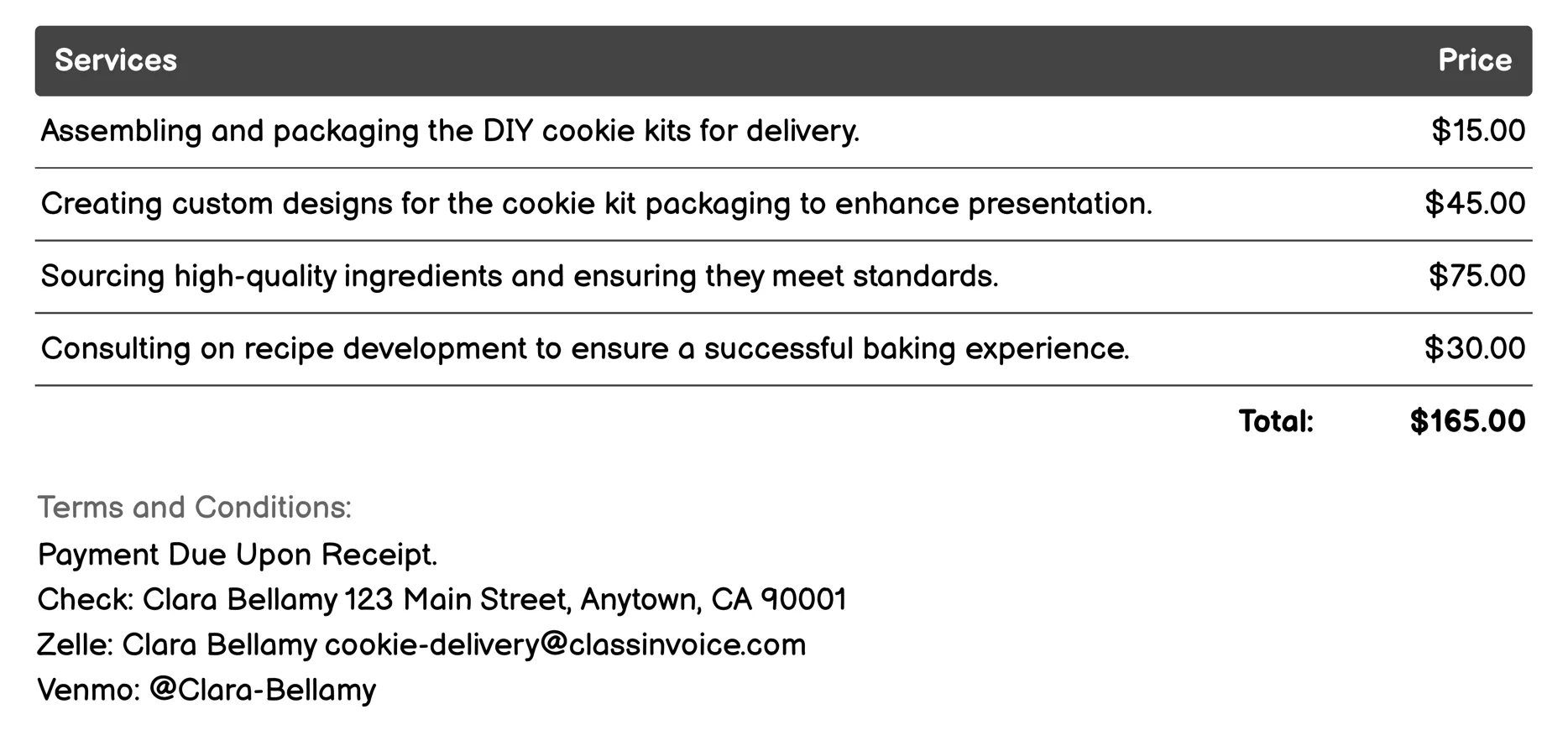 DIY Cookie Kits Invoice Example