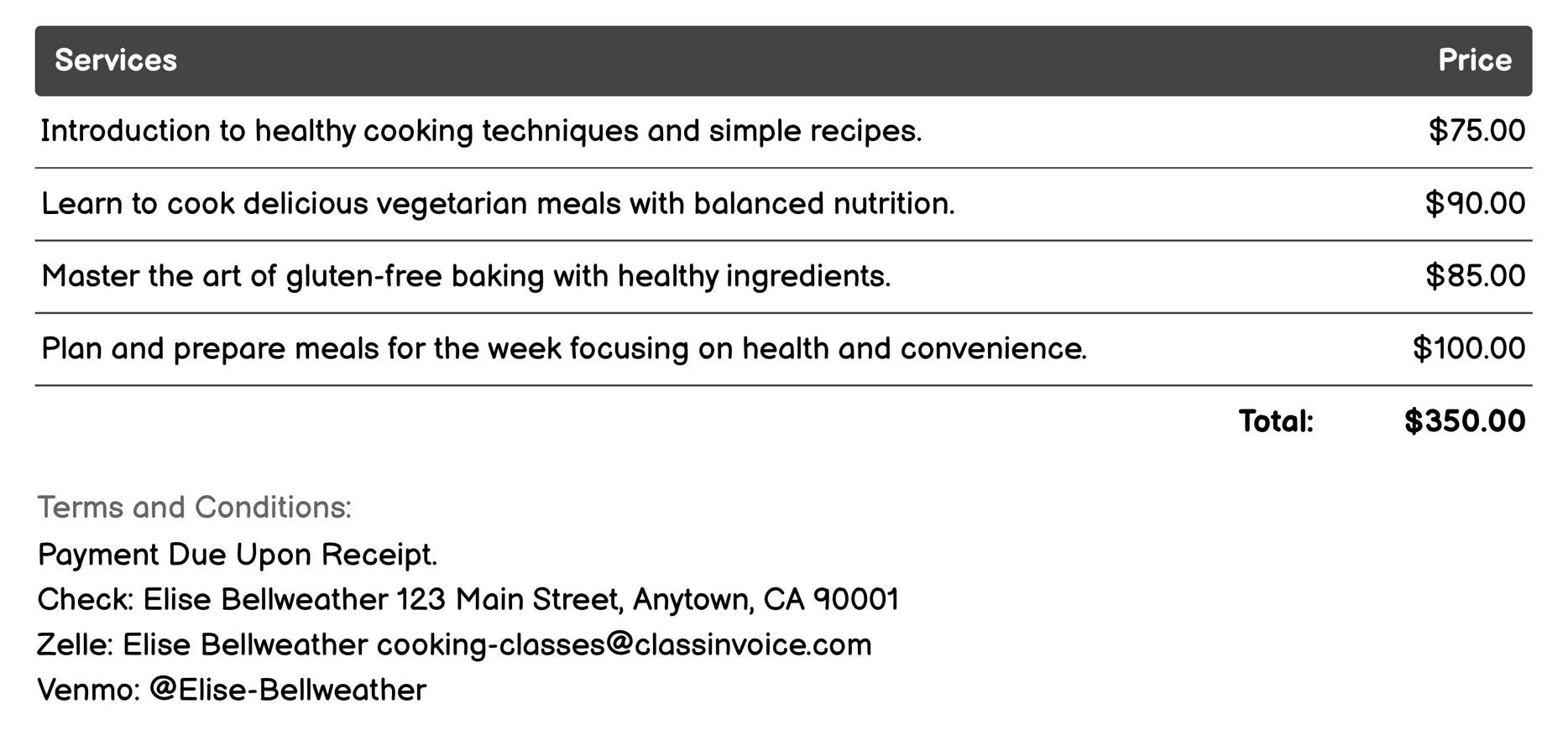 Healthy Cooking Classes Invoice Example