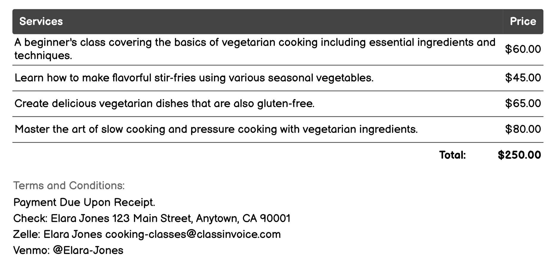 Vegetarian Cooking Classes Invoice Example
