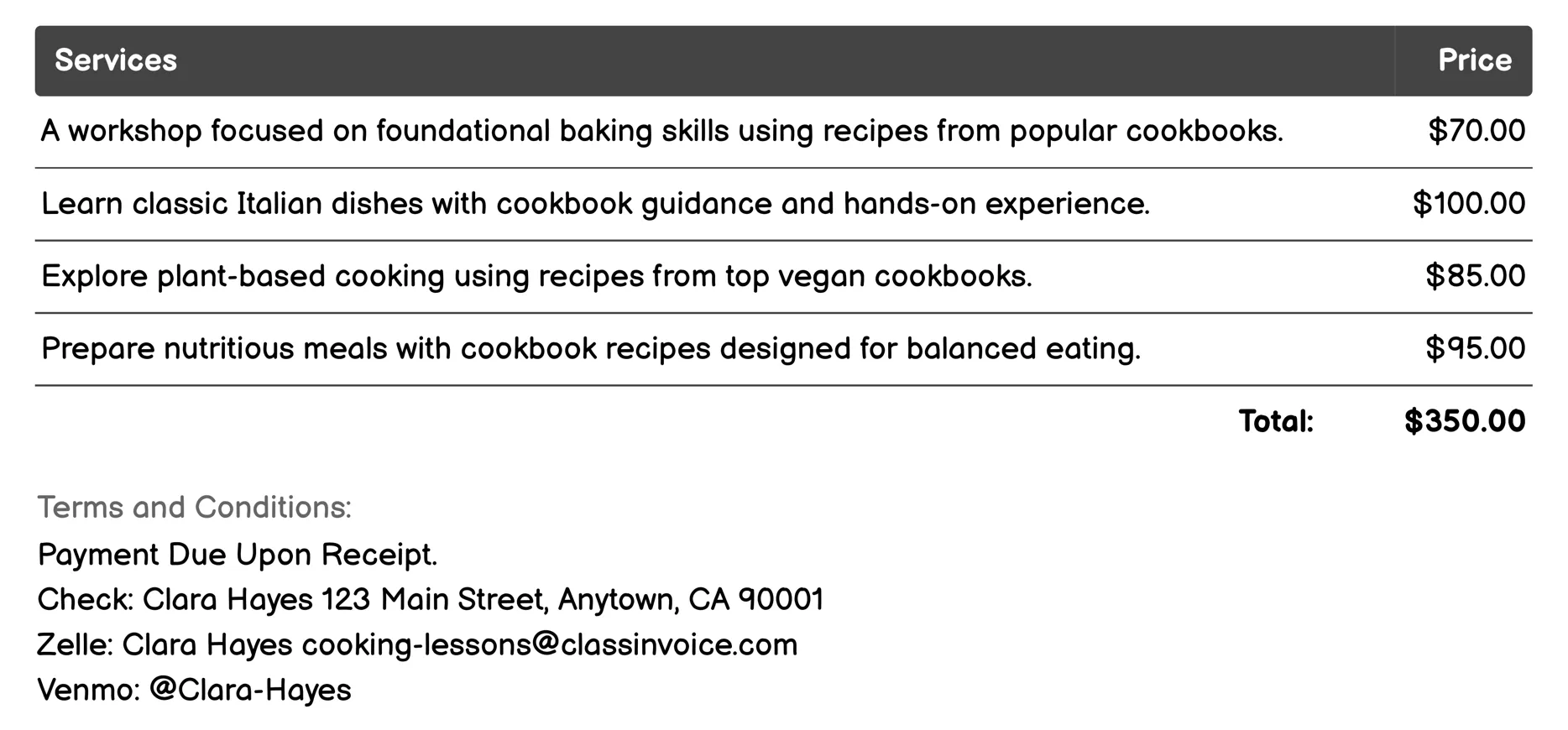 Cookbook-Based Workshops Invoice Example