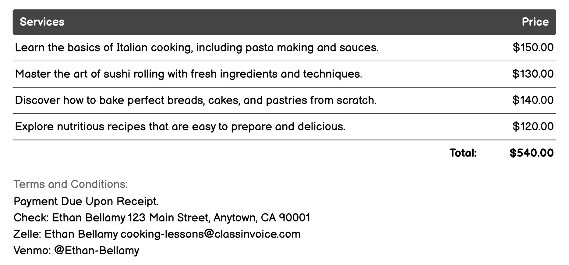 Corporate Team-Building Classes Invoice Example