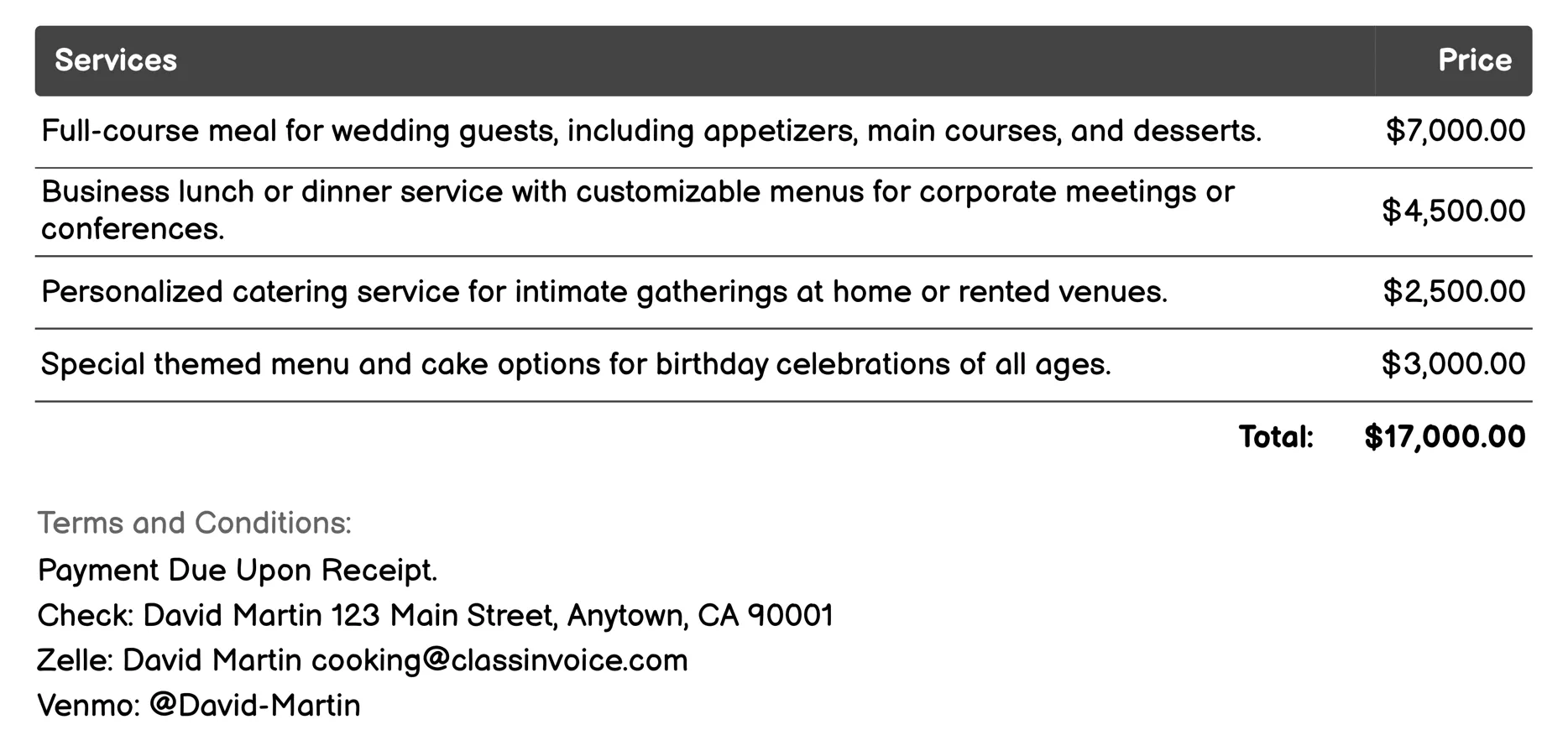 Catering Services Invoice Example